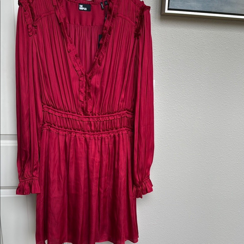 NWT The Kooples Red Ruched Long-sleeved Mini Dress w/ Elastic Waist - US 8 - Picture 5 of 11